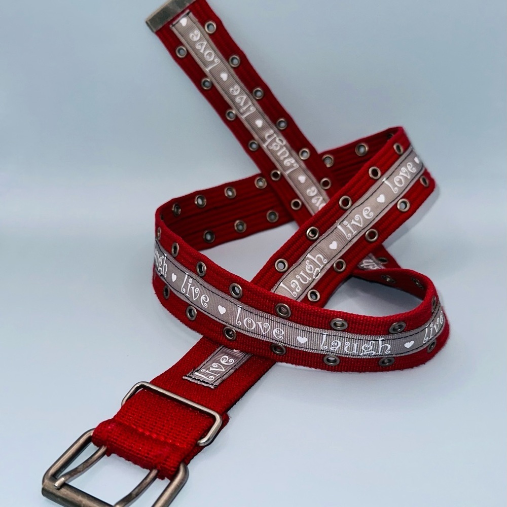 Red belt with ❤️live💜love♥️laugh ribbon. 1.5” wide x 39.5” and super adjustable - Picture 7 of 10